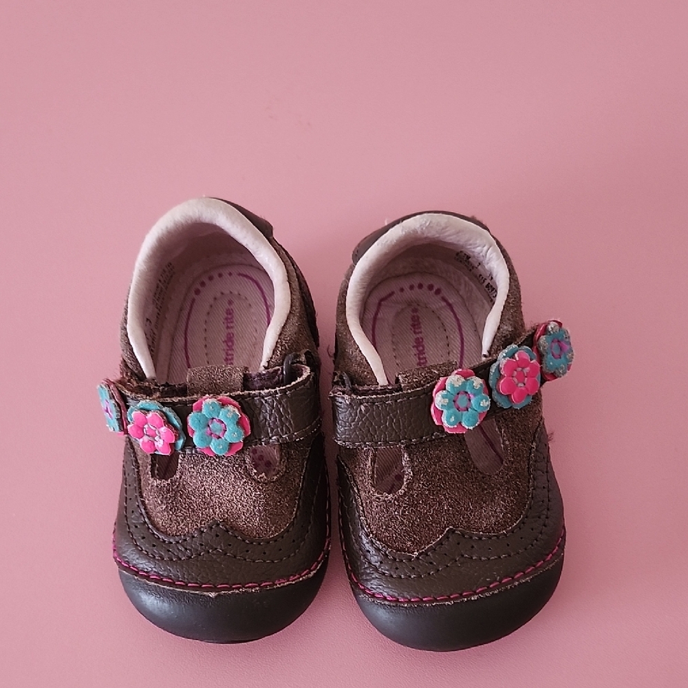 Stride Rite Brown Baby Shoes with Floral Accents